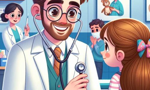 Ein Mann, Doktor Max, steht im Mittelpunkt des Bildes. Er ist etwa dreißig Jahre alt, hat braune Haare und trägt eine runde Brille. Sein warmes Lächeln und seine strahlenden Augen zeigen, dass er fröhlich und beruhigend ist. Er trägt einen weißen Arztkittel und hält ein Stethoskop in den Händen, bereit, das Herz eines Patienten zu hören. Neben ihm steht ein sechsjähriges Mädchen namens Lena auf einem Untersuchungstisch. Sie hat lange blonde Haare, eine große bunte Haarspange und ein besorgtes, aber neugieriges Gesicht. Sie schaut den Doktor mit einer Mischung aus Nervosität und Hoffnung an. Im Hintergrund bereitet eine lächelnde Krankenschwester, etwa 25 Jahre alt, medizinische Instrumente auf einem Tisch vor. Sie hat kastanienbraune Haare, die zu einem Dutt gebunden sind, und trägt eine blaue Uniform. Die Szene spielt in einer hellen und einladenden Klinik mit Wänden in Pastellfarben, Plakaten von Zeichentrickfiguren zur Gesundheit und verstreuten Spielzeugen auf dem Boden, was eine fröhliche und beruhigende Atmosphäre schafft. Doktor Max untersucht Lena, die Bauchschmerzen hat, und spricht sanft mit ihr, um sie zu beruhigen. Ihre Mimik zeigt eine Interaktion voller Mitgefühl und Vertrauen, die die Bedeutung der Medizin für Kinder veranschaulicht.