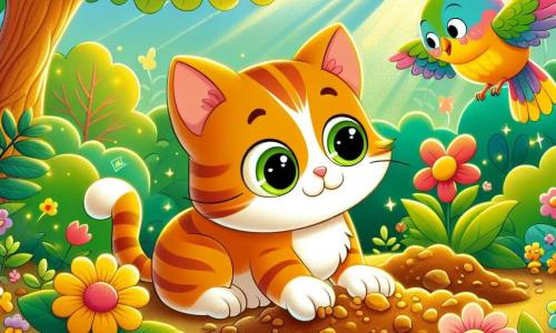 Un gato llamado Miau, con un pelaje suave y rayado de colores naranja y blanco, muestra una gran curiosidad con sus grandes ojos amarillos brillantes. Está sentado en medio de un jardín exuberante, rodeado de flores brillantes de todos los colores, cavando suavemente el suelo con sus patas. Cerca, un pequeño pájaro llamado Tico, con plumas multicolores, vuela alegremente alrededor de Miau, buscando un tesoro escondido. El jardín está bañado de luz dorada, con un gran árbol de follaje verde brillante y un pequeño estanque centelleante al fondo. La escena muestra a Miau y Tico en plena búsqueda de aventura, llenos de emoción y amistad, mientras exploran juntos este lugar mágico.