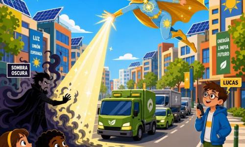 La heroína es Estrella Dorada, mujer alegre y decidida, sonrisa, cabello rubio largo flotando, capa dorada y traje azul claro con motivos solares; vuela inclinada hacia adelante y proyecta un rayo de luz amarillo claro al suelo para disipar una sombra negra y proteger el convoy. Un secundario es Lucas, chico de unos 12 años, cabello castaño corto y gafas redondas, ropa informal, sostiene un walkie y mira a Estrella desde el borde derecho de la carretera junto al convoy. Otro secundario es Sombra Oscura, hombre de unos 35 años, silueta sombría con capa negra y contornos brumosos, expresión contrariada, genera sombras delante de él enfrentando al convoy. En primer plano izquierdo dos niños (niña de 8 y niño de 7) con ojos maravillados aplauden y sujetan una pelota roja recuperada. Escena en una amplia avenida urbana al mediodía con edificios coloridos de fachadas geométricas, paneles solares al fondo, vehículos del convoy verdes y grises alineados, cielo azul vivo y sol estilizado arriba a la izquierda; composición dinámica, fuertes contrastes entre luz cálida y sombra fría, formas simples, colores vivos y áreas planas sin texturas.