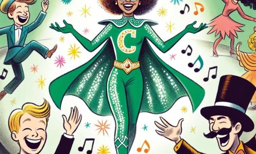 Carla, una supereroina, è al centro della scena con un grande sorriso. Indossa una tuta verde brillante con una grande lettera "C" sul petto e una mantella che fluttua dietro di lei. I suoi capelli ricci sono di un marrone lucente e i suoi occhi brillano di gioia. È circondata da fiori colorati che danzano e cantano intorno a lei, creando un'atmosfera festosa. Alla sua destra, un bambino di circa 8 anni con un cappello blu ride cercando di afferrare un fiore cantante che vola in aria. Ha capelli biondi e occhi blu pieni di meraviglia. A sinistra, il Dottor Grinch, un uomo dal viso verde, ride di cuore con le braccia alzate. Indossa un costume nero con accenti rossi e sembra sorpreso dall'atmosfera gioiosa. La scena si svolge in un parco soleggiato, pieno di alberi e fiori. I bambini giocano e danzano sull'erba, mentre una leggera brezza fa volare petali colorati. Carla usa i suoi poteri comici per far danzare i fiori cantanti, mentre i bambini e il Dottor Grinch si uniscono alla festa, creando un'atmosfera di gioia e risate.