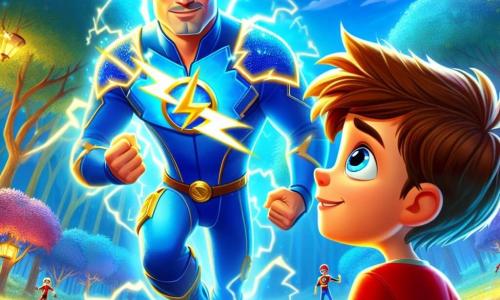 Un uomo, Matteo, conosciuto come Fulmine Blu, si trova al centro della scena. Indossa una brillante tuta blu con un simbolo di fulmine dorato sul petto. Il suo viso è determinato e concentrato, con occhi scintillanti di energia. È pronto ad agire, con i pugni chiusi e una leggera brezza elettrizzante attorno a lui. Accanto a lui, Leo, un ragazzo di 7 anni con i capelli castani in disordine, guarda Matteo con ammirazione. Indossa una maglietta rossa e pantaloni blu, tenendo un piccolo giocattolo a forma di supereroe tra le mani. Leo è in piedi, con gli occhi spalancati, pieno di eccitazione e meraviglia. La scena si svolge nel Parco dei Sogni, un luogo magico pieno di alberi con foglie scintillanti e fiori luminosi che danzano al ritmo di una musica dolce. Nuvole colorate fluttuano nel cielo, aggiungendo un tocco di fantasia all'ambiente. Matteo si prepara a intervenire mentre gli alberi del parco iniziano a danzare in modo strano, come se fossero sotto l'influenza di una magia misteriosa. L'atmosfera è carica di tensione e avventura, pronta a esplodere in un'azione eroica.