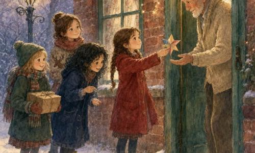 Vier kinderen: meisje ~10 met bruine gevlochten haren en rood mantel met gouden knopen in het midden die een kleine gekleurde papieren ster naar de buurman reikt; meisje ~9 met kort blond haar, groene muts en gestreepte sjaal links, glimlachend met een klein pakket in kraftpapier; meisje ~11 met krullend zwart haar, donkerblauw mantel en gele laarzen rechts, licht voorovergebogen met glinsterende ogen en wat glitters op haar vingers; meisje ~10 met kastanjebruin haar, gesloten paraplu tegen haar schouder en rendiertrui achteraan die warm toekijkt. Eén oudere man: ~75, lichtgrijs haar en baardje, beige wollen trui, staande in het houten deurkozijn met vochtige ogen en hand uitgestoken om de ster aan te nemen. Plaats: klein portiek van een roodstenen huis, groen houten deurkozijn, ruitvenster met bloemengordijn en kleine lichtjes, stoep met verse sneeuw, smeedijzeren lantaarn met zacht geel licht, kale wintertakken op de achtergrond. Situatie: de kinderen overhandigen samen een licht gepailleerde papieren ster aan de man op zijn drempel; warme sfeer ondanks de sneeuw, aquarelachtige pasteltinten, gekreukt papiertextuur, zachte lichtreflecties op de sneeuw en tedere blikken en gebaren.