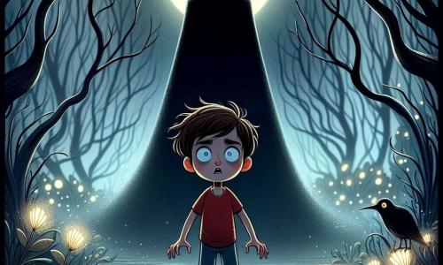 Un ragazzo di 9 anni, Marco, si trova al centro dell'immagine, con i capelli castani disordinati e gli occhi sbarrati per meraviglia e paura. Indossa una maglietta rossa e pantaloni corti blu, le mani tremano leggermente mentre guarda un'ombra misteriosa che si profila davanti a lui. L'ombra, una silhouette alta e sottile, è completamente nera, con contorni sfocati e occhi brillanti che scintillano nella penombra, creando un'atmosfera intrigante e inquietante. Il contesto è un giardino notturno, illuminato da una luce lunare argentata, dove gli alberi dalle forme contorte proiettano ombre inquietanti sul terreno. Fiori luminescenti emettono una luce soffusa, mentre una leggera nebbia si alza, aggiungendo un tocco di mistero all'ambiente. La scena principale mostra Marco, bloccato, di fronte all'ombra che sembra invitarlo a seguirla in un mondo sconosciuto, mentre creature strane e sfocate si nascondono dietro gli alberi, pronte a saltare fuori, accentuando l'atmosfera di suspense e avventura.