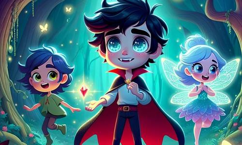 Un giovane vampiro di nome Vittorio, di circa 12 anni, si trova al centro della scena. Ha capelli neri disordinati, occhi brillanti e curiosi, e indossa un mantello rosso che fluttua attorno a lui. Il suo viso esprime meraviglia e determinazione mentre guarda una gemma scintillante nella sua mano. Accanto a lui, Luminella, una piccola fata con ali di farfalla, è lì per aiutarlo. Ha capelli di un blu splendente e indossa un vestito fatto di petali di fiori. Sorride gioiosamente, illuminando l'aria intorno a lei con la sua magia. Il decor si trova in un boschetto incantato, pieno di alberi giganti dai tronchi contorti e fiori luminescenti che brillano nell'oscurità. L'atmosfera è arricchita da lucciole che danzano intorno a loro. La situazione principale mostra Vittorio e Luminella che riuniscono le tre gemme magiche per salvare il Santuario della Luce. Sono insieme, pronti ad affrontare un oscuro stregone che minaccia il loro mondo, con una luce splendente che emana dalle gemme che tengono.
