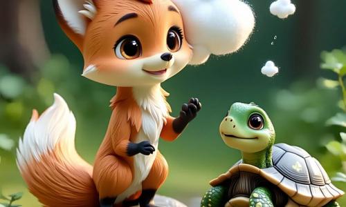 La protagonista es una joven zorrita de pelaje dorado brillante, ojos redondos y sonrisa curiosa; sostiene en su cola una nube blanca y esponjosa que ofrece con la pata. La tortuga Tomasa, lenta y redonda con caparazón verde moteado de musgo y mirada agradecida, está sentada junto a una roca cálida mientras la nube le da una sombra fresca. A la izquierda, el conejo Bruno, pequeño y gris con orejas grandes, salta atrás sorprendido y feliz. La nube-personaje es una bolita de vapor con textura algodonosa y leves chispas luminosas, flotando entre la cola de la zorrita y la tortuga como un regalo. La escena ocurre en una clara de hierba verde con árboles de hojas plateadas, rayos dorados y algunas flores; la composición se centra en el gesto tierno de compartir, con expresiones legibles y colores pastel de estilo infantil.