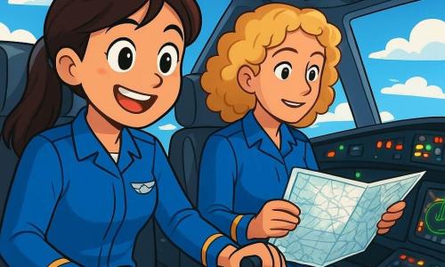 Una piloto mujer, Lucía, sonriente y confiada, con cabello castaño recogido en una coleta, lleva un uniforme azul brillante con alas plateadas en el pecho. Está sentada en la cabina de un avión, con las manos en los controles, los ojos brillantes de emoción y determinación. A su lado, su copiloto Marina, una mujer de unos 30 años, con cabello rubio y rizado, consulta mapas de vuelo, mostrando una expresión concentrada y entusiasta. La cabina del avión está llena de luces parpadeantes e instrumentos brillantes, con grandes ventanas que ofrecen una vista espectacular de un cielo azul salpicado de nubes blancas. En el fondo, se ven pasajeros a través de las ventanillas, niños con caras maravilladas, señalando los paisajes de abajo. La escena principal muestra a Lucía y Marina preparándose para el despegue, con una atmósfera dinámica y alegre, mientras el avión avanza por la pista, listo para volar hacia nuevas aventuras.