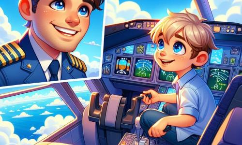 Ein lächelnder und selbstbewusster Pilot namens Max trägt einen blauen Pilotenanzug mit goldenen Schulterklappen. Seine braunen Haare sind vom Wind leicht zerzaust, während er im Cockpit eines Flugzeugs sitzt, die Hände am Steuer, und staunend die watteartigen Wolken betrachtet. Neben ihm sitzt ein 8-jähriger Junge namens Tim mit blonden Haaren und funkelnden Augen auf dem Beifahrersitz. Er hält ein kleines Werkzeug und schaut Max bewundernd an, bereit zu helfen. Das Cockpit ist mit bunten Knöpfen und blinkenden Lichtern gefüllt, und große Fenster bieten einen spektakulären Blick auf den strahlend blauen Himmel und die fluffigen weißen Wolken. Die Hauptsituation zeigt Max und Tim, die zusammen an einem kleinen Motorproblem arbeiten, umgeben von der Schönheit des Himmels, was den Geist von Abenteuer und Freundschaft illustriert.
