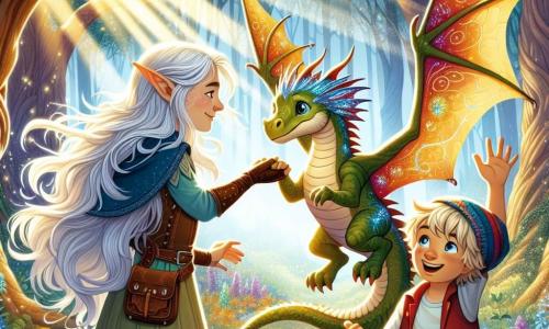 Eine weibliche Elfe namens Lila mit langen silbernen Haaren und funkelnden Flügeln lächelt fröhlich, während sie die Hand eines kleinen Drachen mit glänzenden Schuppen und sanften Augen hält, in einer freundlichen Haltung. Neben ihnen steht ein etwa 8-jähriger Junge namens Max, der einen bunten Hut trägt und mit funkelnden Augen voller Aufregung den Drachen bewundert. Die Szene spielt in einem verzauberten Wald, wo die Bäume hoch und majestätisch sind, ihre Blätter in tausend Farben glänzen und bunte Blumen den Boden bedecken. Sonnenstrahlen dringen durch das Laub und schaffen eine magische und einladende Atmosphäre. Lila und Max spielen mit Flamme, dem Drachen, der sich zum Abheben bereit macht, seine Flügel ausgebreitet, während Max ihn mit einem breiten Lächeln anfeuert. Lila, voller Freude, hebt die Arme zum Applaudieren und schafft eine Atmosphäre von Glück und Freundschaft an diesem zauberhaften Ort.