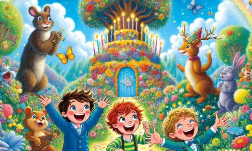 There are three main characters: Max, an 8-year-old boy with messy red hair and a big smile, who stands in the center with his arms raised in joy. To his right is Leo, a 7-year-old boy with sparkling eyes and brown hair, holding a small drum and playing music with colorful flowers around him. On the left is Ben, a 9-year-old boy in a blue wheelchair, laughing heartily, surrounded by colorful butterflies dancing around him. 

The scene takes place in a magical garden filled with bright flowers, large trees with shimmering leaves, and a blue sky dotted with fluffy clouds. In the center, a large sparkling tree with a hidden door covered in flowers stands majestically, illuminated by fireflies.

The main situation shows Max, Leo, and Ben joyfully celebrating Max's birthday in this fairy-tale garden, surrounded by fantastic creatures like musical rabbits and painter squirrels, while a huge colorful cake decorated with sparkling candles sits in front of them.
