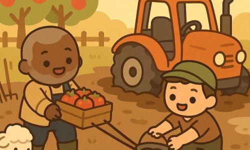 Ein lächelnder, aber konzentrierter Landwirt mit rundem Gesicht, kurzgrauem Bart, beige Segeltuchjacke und schlammigen Gummistiefeln zieht eine Holzkiste mit glänzenden roten Tomaten; ein etwa fünfzigjähriger Nachbar mit kurzem braunem Haar und grüner Schirmmütze hilft, indem er einen Eimer zieht und einen weiteren Eimer mit Seil hält, neben einem im Schlamm feststeckenden kleinen Traktor rechts im Bild; ein weißes Lamm mit flauschigem Fell schaut an den Stiefeln des Landwirts hoch und schmiegt sich an sein Bein; Ort: Hof mit matschigem Boden, glänzenden Pfützen, Stiefeln, Holzwerkzeug, Weidenkorb und einer Reihe Apfelbäume im Hintergrund bei pastellfarbenem Sonnenuntergang; Szene: Traktor steckt im Schlamm, die beiden Männer befreien ihn gemeinsam, freundliche Gesten, warme beruhigende Stimmung; Grafikstil: sanfte flächige Farben, dicke abgerundete Konturen, überzeichnete niedliche Mimik, einfache Texturen, goldenes Abendlicht.