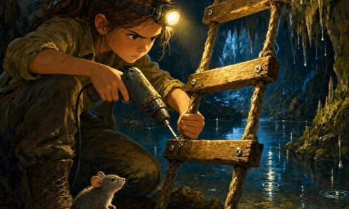 Nora (ongeveer 11) met een rond, vastberaden gezicht, kastanjebruin haar in een paardenstaart en een hoofdlamp op het voorhoofd, draagt een kaki blouse en modderige laarzen en houdt een oude accuschroevendraaier bij een houten ladder die boven een ondergronds meer hangt; ze kijkt geconcentreerd en moedig, met gefronste wenkbrauwen en samengeknepen lippen, licht naar het ladderkoord hellend; een nieuwsgierige grijze woelmuis snuffelt bij haar laarzen; de grot heeft natte stenen wanden met groene mos, parelende stalactieten en donkerblauw glinsterend water dat het gele lamplicht weerkaatst; de oude houten ladder heeft versleten maar stevige touwen en enkele traptreden met nieuwe schroeven, druppels maken rimpels op het meer en voorgrond met plassen en modder; dramatische maar veilige clair-obscur sfeer met warme gele-oranje lampaccenten tegen koude schaduwen; kleurenpalet aardetinten, mosgroen, diep blauw en geel-oranje highlights.