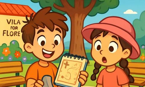 Um garoto de 8 anos, Miguel, com cabelos castanhos bagunçados e olhos brilhantes de curiosidade, segura um caderno de notas nas mãos, exibindo um grande sorriso de empolgação. Ao seu lado, sua melhor amiga Sofia, uma menina de 8 anos com um chapéu rosa e tranças, observa o papel misterioso que eles acabaram de encontrar, com os olhos arregalados de surpresa. Eles estão na praça central de Vila das Flores, cercados por bancos de madeira e uma grande árvore de folhagem densa, sob um céu azul radiante. Ao fundo, flores coloridas dançam suavemente ao vento, acrescentando um toque de magia à cena. A situação principal mostra Miguel e Sofia descobrindo um velho papel sob uma pedra, com o coração acelerado de empolgação, prontos para resolver o mistério do tesouro escondido.