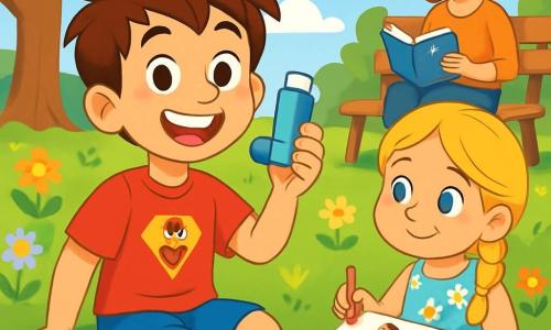 Um menino de 8 anos, Lucas, com cabelos castanhos bagunçados e olhos brilhantes de curiosidade, sorri alegremente enquanto segura um pequeno inalador na mão. Ele usa uma camiseta vermelha com um super-herói e um short azul, sentado na grama verde de um parque ensolarado, cercado por flores coloridas. Ao seu lado, sua irmã Marina, uma menina de 6 anos com cabelos loiros trançados e um vestido florido, desenha super-heróis em um caderno, admirando seu irmão. Um pouco mais longe, sua mãe, Dona Ana, uma mulher sorridente com cabelos castanhos, os observa com carinho, sentada em um banco de madeira, com um livro na mão. O parque está cheio de flores multicoloridas, árvores majestosas e um céu azul brilhante, criando uma atmosfera alegre e pacífica. Lucas, consciente de sua doença, aproveita um momento de felicidade com sua família, rindo e compartilhando sonhos de se tornar um super-herói, pronto para correr uma maratona.