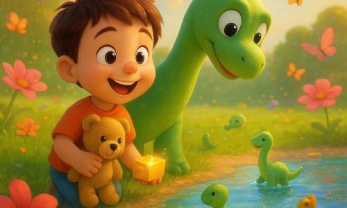 Pietro, un bimbo di 4 anni molto gioioso con capelli castani corti, tiene il suo orsacchiotto Poldo e una piccola scatola brillante, sorride e guarda un lago scintillante; accanto a lui c'è Lino, un giovane dinosauro amico, piccolo e verde con lungo collo e macchie gialle, che si china come per salutare; alcuni piccoli dinosauri giocano e schizzano acqua colorata vicino alla riva, il tutto in un grande prato morbido con fiori rosa e arancioni, grandi farfalle multicolori e un lago dai riflessi arcobaleno, atmosfera calda e magica con luce dorata, colori vivaci, texture soffici e forme arrotondate, composizione centrata e adatta ai bambini.