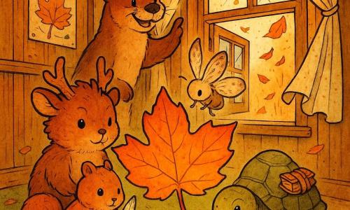 Bramble, a small brown-furred mammal with cinnamon-stick horns and a whipping tail, looks determined and tender as he holds a glowing orange leaf like a tiny sunset; Nutmeg, a round-cheeked squirrel, is mischievous but focused, holding the central basket and gripping a white feather as proof; Wisp, a shy powdered-wing moth, hovers above the paper, holding it with a wing; Pebble, a careful turtle with small notebooks on her shell, steadies the paper’s corner with a foot; Rill, a sturdy enthusiastic otter, stands behind them ready to close a wooden casement; they form a tight circle around a colorful memory page and autumn treasures in a warm forest school corridor—polished wooden walls, foam rugs, oat-colored curtains fluttering from a draft through a cracked window, scattered dry leaves—while a gust lifts the paper’s edges and billows the curtains, creating a gentle heroic tension.