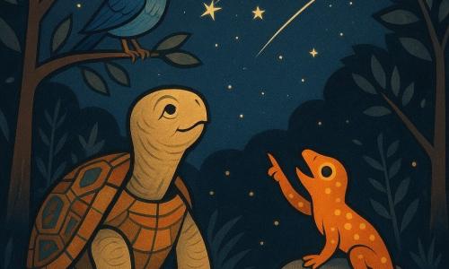 An old turtle named Timothy with a serene face, sparkling eyes, fine wrinkles and a mosaic-like shell sits calmly gazing at the night sky in wonder; a small, lively bright-orange salamander called Sammy, speckled with yellow, perches on a rock beside him, pointing at shooting stars; a small ruffled blue bird perches on a low branch above, tilting its head; they are in an enchanted night clearing with ashen trees, stylized leaves, wavy grass, golden fireflies and a deep blue sky streaked with silver meteors, camping together and sharing a quiet moment of wonder and inner discovery under soft, warm light.
