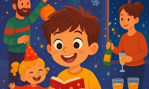 A 6-year-old boy named Oscar, with messy brown hair and sparkling curious eyes, holds a small red notebook decorated with golden stars. He has a big amazed smile on his face, standing in the living room surrounded by shimmering party decorations. His little sister, Lily, a 4-year-old girl with curly blonde hair and a glittery dress, spins around with a party hat on her head, laughing joyfully. Their father, a man in his thirties with a soft beard and a colorful sweater, hangs a paper lantern from the ceiling, while their mother, a smiling woman with brown hair tied up in a bun, pours sparkling juice into glasses. The living room is filled with twinkling lights, colorful garlands, and gently falling snowflakes outside, creating a warm and festive atmosphere. The main scene shows Oscar discovering the magical notebook, ready to make wishes for the new year, with a gleam of excitement in his eyes.