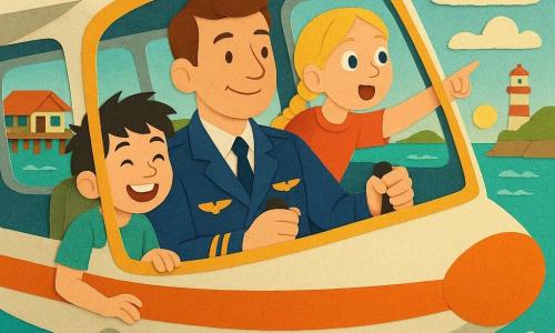 A smiling, calm male pilot in his thirties with short brown hair, wearing a clean navy uniform with a gold insignia, holds the seaplane controls and looks out with a confident, gentle posture; a girl of about nine with blonde braided hair and wide-eyed wonder presses against the cockpit window to his right and points outside; a boy of about eight with messy black hair and a big smile sits to the pilot’s left with his hands on the sill, watching dolphins; the colorful wooden dock borders a turquoise bay with green islets and a red-and-white lighthouse on a cliff under a bright sky with fluffy clouds and golden sunlight reflecting on the water; the seaplane is gently lifting off with fine splashes around the floats, large bright windows, composition centered on the pilot and the awed children on each side.