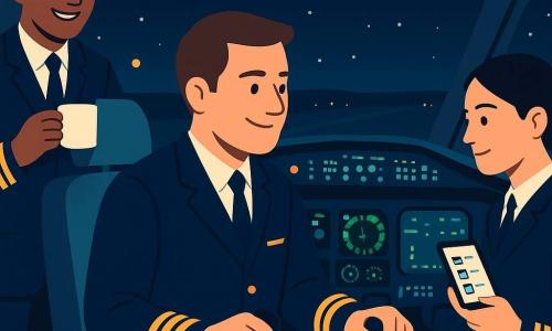 Ein Pilot Mitte 30 mit kurzen braunen Haaren, rundem freundlichem Gesicht, in dunkelblauem Uniform mit goldenen Streifen sitzt mittig im Cockpit mit den Händen am Steuer, konzentriert und wohlwollend auf die Instrumente blickend; die Kopilotin Aylin, ca. 30, schwarze zusammengebundene Haare, aufmerksam und beruhigend, in passender Uniform, hält rechts eine Touch-Checkliste und ist leicht zum Piloten gedreht; links im Türrahmen steht Malik, ca. 35, gebräunte Haut, kurze Haare und schelmisches Lächeln, mit einer Tasse Tee und einer kleinen Keksverpackung; nächtliches Cockpit mit grünen und blauen Instrumentenbeleuchtungen, einem sanft blinkenden gelben Warnlicht oben links, großen Scheiben mit Sternenhimmel und fernen Pistenlichtern, sanfte Reflexe auf Metall, klare, lesbare Komposition, kontrastierte aber sanfte Farben (Mitternachtsblau, Smaragdgrün, warmes Gelb), einfache Formen, minimale Schatten, beruhigende professionelle Atmosphäre, Fokus auf Crew-Zusammenarbeit und dem gelben Warnlicht.