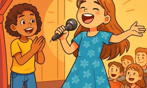 Clara, uma menina de 12 anos, está em um palco de madeira, radiante e cheia de emoção, com cabelos longos e ondulados de cor castanho claro, vestida com um vestido azul florido. Ela canta com paixão, seus olhos brilhando de alegria e determinação, enquanto segura um microfone cintilante. Perto dela, sua melhor amiga Sofia, uma menina de 11 anos com cabelos curtos e cacheados, a observa com admiração, aplaudindo entusiasticamente. Sofia usa uma camiseta amarela e jeans, cercada por outras crianças curiosas. O local é um auditório acolhedor, com paredes decoradas com guirlandas coloridas e um público entusiasmado sentado em cadeiras de madeira, todos cativados pela performance de Clara. A cena principal mostra Clara no palco, cantando com toda a sua força, enquanto o público aplaude e sorri, criando uma atmosfera de alegria e encorajamento, repleta de cores vibrantes e luz.