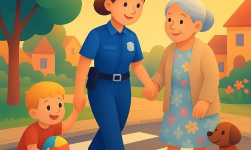 Una poliziotta sorridente e benevola di circa 30 anni, pelle chiara, capelli castani raccolti in uno chignon, uniforme blu vivo con distintivo argentato e berretto tondo, tiene delicatamente la mano di una nonna di circa 75 anni con capelli grigi in chignon, vestito floreale pastello e piccolo soprabito beige; la nonna sorride riconoscente e cammina leggermente davanti a lei sul passaggio pedonale. Un bambino di circa 6 anni, capelli biondi corti, maglietta rossa e pantaloncini, è accovacciato vicino a un grande albero a sinistra con una palla colorata e guarda la poliziotta con gioia a pochi metri dalle strisce. Un piccolo cane marrone a pelo corto con collare rosso è seduto vicino al marciapiede di destra scodinzolando. Strada di quartiere tranquilla al tramonto, marciapiede lastricato, strisce bianche, case colorate con giardini fioriti e grande albero verde a sinistra; luce dorata, ombre morbide. Scena principale: la poliziotta aiuta la nonna ad attraversare, gesto protettivo e caldo, atmosfera rassicurante e tenera, colori caldi e forme tonde adatte ai più piccoli.