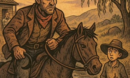 Bram, een man in de dertig met gebruind gezicht en lichte baard, kijkt vermoeid maar vastberaden terwijl hij voorover gebogen op zijn paard een ondiepe kreek doorkruist en in zijn linkerhand een kleine zwarte halvemaanvormige metalen plaat vasthoudt; zijn kleren zijn stoffig, hoed kapot, bruine roestkleurige jas en verfrommeld rood sjaaltje. Een jongen van ongeveer 12 jaar met bruin haar onder een te grote sombrero staat achteraan bij een treurwilg aan de oever, angstig met een uitgedoofde fakkel, en kijkt naar Bram. Miguel, een man van in de vijftig met grijze snor en brede schouders, staat met gevouwen armen op de houten veranda van een klein ranchhuis op de achtergrond links, opgelucht maar waakzaam. Locatie: een kleine vallei met een kronkelende kreek, modderige oevers, gladde rotsen, goudkleurig hoog gras en een schemerige avondlucht in oranje en paars met zweefstof. Situatie: dramatische vlucht bij schemering — Bram doorkruist de kreek terwijl verre silhouetten achter rotsen hem achtervolgen; gespannen maar hoopvolle sfeer met spatwater en reflecties. Stijl: scherpe krantenachtige lijnen, licht vervaagde kleuren, korrelige papiertstructuur en sterke contrasten voor schaduwen en stof.