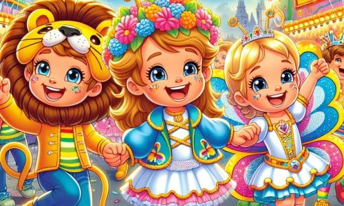 In het midden van de afbeelding staat Sam, een jongen van 8 jaar, verkleed als een schattige leeuw met een grote gouden manen en een stralende glimlach. Rechts van hem staat Lisa, een meisje van 7 jaar, in een prachtige vlinderkostuum met kleurrijke vleugels, bloemmotieven en glinsterende antennes. Links van Sam staat Tom, een jongen van 9 jaar, in een glanzend ridderharnas en een helm, enthousiast met een plastic zwaard. De achtergrond toont een levendige straat van een carnaval, vol felle kleuren: ballonnen hangen in de lucht, confetti valt als sterren en kleurrijke snoepstands zijn zichtbaar. Kinderen lachen en dansen om hen heen, wat een vrolijke en feestelijke sfeer creëert. De belangrijkste situatie toont de drie vrienden die samen dansen, hun gezichten stralend van geluk terwijl ze elkaars handen vasthouden en in het rond draaien, omringd door de magie van het carnaval. Muzikanten spelen opzwepende muziek en schitterende lichten verlichten het tafereel, wat bijdraagt aan de feestelijke sfeer.