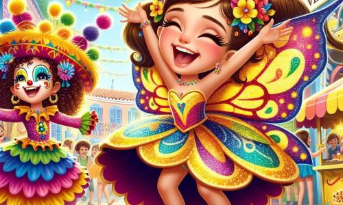 Una niña de 11 años, Valentina, se encuentra en el centro del escenario, radiante de alegría con una gran sonrisa. Lleva un hermoso disfraz de mariposa de colores brillantes, con alas brillantes que resplandecen bajo el sol. Sus cabellos castaños están recogidos en dos coletas, adornadas con flores coloridas. Valentina baila con entusiasmo, con los brazos levantados hacia el cielo, expresando una profunda emoción de felicidad y emoción. A su lado, su mejor amiga Sofía, también de 11 años, está disfrazada de payasa. Tiene el cabello rizado y lleva un sombrero colorido, con la cara pintada de blanco y una gran nariz roja. Sofía ríe a carcajadas, sosteniendo pompones coloridos, y está un poco detrás, animando a Valentina a bailar. El escenario se desarrolla en la animada plaza del pueblo de Villacarnaval, donde guirnaldas de flores y globos multicolores flotan en el aire. Se ven puestos de comida con churros dorados y golosinas al fondo, mientras niños juegan y bailan a su alrededor, creando una atmósfera festiva y alegre. La situación principal muestra a Valentina y Sofía celebrando el carnaval, rodeadas de risas y música, mientras descubren la magia de la amistad y la fiesta, listas para compartir su alegría con todos los habitantes del pueblo.