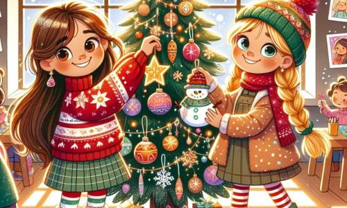 Duas meninas, Maria e Ana, de 8 anos, estão no centro da imagem. Maria tem cabelos longos e castanhos, usa um suéter vermelho com um padrão de floco de neve e sorri alegremente segurando um enfeite em forma de estrela. Ana, com cabelos loiros em tranças, usa um gorro verde e um casaco de bolinhas, pendurando um boneco de neve de papel em um galho da árvore. O local é uma sala de aula aconchegante, decorada com luzes e desenhos coloridos nas paredes. Ao fundo, uma grande janela deixa entrar a luz do sol, iluminando uma linda árvore de Natal, ricamente decorada com bolas brilhantes e guirlandas. A cena principal mostra Maria e Ana, cercadas por seus colegas, decorando juntas a árvore de Natal com os enfeites que fizeram. A atmosfera é alegre, cheia de risadas e cantos de Natal, criando um clima festivo e mágico.