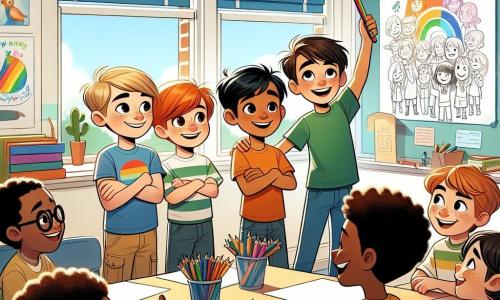 In einem hellen Klassenzimmer stehen vier Kinder zusammen um einen großen Tisch. Max, ein 10-jähriger Junge mit braunen Haaren und einer Brille, lächelt und hält einen bunten Bleistift. Neben ihm zeigt Ben, ein 10-jähriger Junge mit blonden Haaren und blauen Augen, stolz eine große Zeichnung ihres Projekts. Sami, ein 10-jähriger Junge arabischer Herkunft mit schwarzen Haaren und braunen Augen, hört aufmerksam mit verschränkten Armen zu und trägt ein grünes T-Shirt. Schließlich steht Jonas, ein 10-jähriger Junge mit roten Haaren und Sommersprossen, hinter ihnen und hebt die Hand, um eine Frage zu stellen. 

Das Klassenzimmer ist mit bunten Zeichnungen an den Wänden dekoriert, mit Plakaten über Vielfalt und Respekt. Ein großes Whiteboard ist mit Notizen und Skizzen gefüllt, und die Fenster lassen Sonnenlicht herein, das den Raum erhellt. 

Die Kinder diskutieren begeistert über ihr Projekt zur Bedeutung von Freundschaft und Respekt zwischen Kulturen und zeigen, wie sie einen neuen Schüler in ihre Klasse aufnehmen können. Die Atmosphäre ist fröhlich und kooperativ, voller Kreativität und Enthusiasmus.