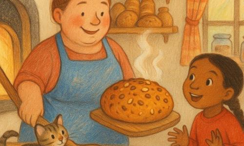 Een volwassen bakker Noor, glimlachend en trots, rond gezicht met roze wangen, lichtbruin haar in een knot, blauw door bloem bezoet schort, houdt in de ene hand een grote houten bakkersschop en in de andere een goudbruin brood; een meisje Lotte van ongeveer 7 jaar met glanzende ogen en bruine vlechten in een rood truitje staat rechts van Noor met opgestrekte handen en open mond van verwondering; een gestreept kitten Pippa ligt links op het werkblad met opgerolde staart en nieuwsgierige blik naar het brood; de warme bakkerij heeft crèmekleurige muren, houten planken vol brood en potten, met bloem bestoven werkblad, ruitjesgordijn bij het raam en gouden licht van een grote gietijzeren oven; scène van delen wanneer Noor een notenbrood met goudbruine knapperige korst uit de oven haalt, lichte stoom en zichtbare noten, Lotte klaar om te proeven, gezellige, uitnodigende sfeer met zichtbare texturen van hout, bloem en korst.