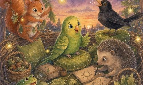 Het hoofdpersonage is een kleine groene parkiet met glanzende veren en een oranje snavel, verlegen maar glimlachend, in het midden van het nest terwijl ze een verhaal vertelt en lichtjes met haar hoofd gebaart; een roodbruine eekhoorn met een volle staart zit links op een tak en houdt een slinger van bladeren vast, een grijsbruin egel rechts tekent geconcentreerd zon en maan op kartonnetjes, verder een glanzende merel op een moskussen zingt zachtjes en een ronde groene kikker kwakt vanaf de rand van het bladerenkleed. Het nest is ruim in een hoge eik met warme binnenkant, groene moskussens, lichtjes van glimwormen als hanglampjes, rieten manden vol bladeren en eikels en slingers van licht- en donkergroene bladeren; de scène toont het leeshoekje bij schemering: de parkiet vertelt terwijl de anderen versieren en luisteren, met zachte verlichting en een gezellige, natuurlijke sfeer.