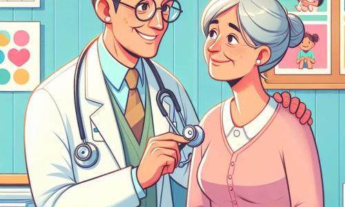 Een vijftigjarige man, dokter Joris, met lichtgrijs wordend bruin haar en een bril met ronde glazen, glimlacht warm terwijl hij een stethoscoop in zijn handen houdt. Zijn uitdrukking is zowel aandachtig als geruststellend, wat zijn betrokkenheid bij zijn patiënten toont. Naast hem staat een vrouw van ongeveer zeventig jaar, mevrouw Verhoeven, met zilvergrijs haar en een zachte roze trui. Ze kijkt dankbaar naar de dokter, haar gezicht verlicht door een glimlach van opluchting. De scène speelt zich af in een lichte spreekkamer, met lichtblauwe muren, educatieve gezondheidsaffiches aan de muur en een raam dat zonlicht binnenlaat. Een houten bureau is vol met dossiers, en een bord met kindertekeningen siert een hoek van de kamer. Dokter Joris legt mevrouw Verhoeven de resultaten van haar testen uit, terwijl ze aandachtig luistert, zichtbaar opgelucht en vol hoop.
