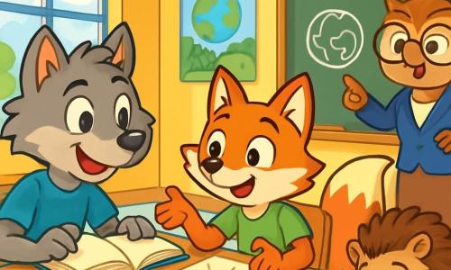 Un lupo antropomorfo di nome Leo, con un pelo grigio morbido e occhi brillanti di curiosità, è seduto alla sua scrivania in un'aula luminosa, sfogliando un quaderno con un'aria determinata ed entusiasta. Accanto a lui, una volpe rossa di nome Alice, con una coda folta e occhi scintillanti di eccitazione, disegna idee su un grande foglio di carta, mostrando un sorriso gioioso. Un piccolo riccio di nome Marco, con aculei marroni e uno sguardo concentrato, è chinato su un libro aperto, prendendo appunti con una matita colorata, seduto sul pavimento vicino a Leo. L'aula è decorata con poster colorati sulla natura e l'ambiente, con finestre che lasciano entrare la luce del sole, illuminando le pareti dipinte di giallo vivace. Alla lavagna, l'insegnante Silvia, un gufo saggio con occhiali rotondi, spiega il progetto con entusiasmo. Leo, Alice e Marco discutono insieme del loro progetto sugli animali e l'ambiente, scambiando idee con gesti vivaci, pieni di energia e amicizia.