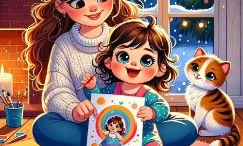 Una bambina di un anno, con grandi occhi luminosi e riccioli castani, è seduta su un tappeto colorato, sorridente e piena di gioia. Tiene un disegno colorato tra le mani, circondata da macchie di vernice. Accanto a lei, sua madre, una donna di circa 30 anni con lunghi capelli castani, la guarda con tenerezza, un grande sorriso sul volto. È in ginocchio, con le braccia aperte, pronta ad abbracciare la figlia. La loro casa è calda e accogliente, con muri di legno, un camino scoppiettante e decorazioni natalizie scintillanti. Fiocchi di neve cadono dolcemente all'esterno, creando un'atmosfera magica. La scena principale mostra la bambina che offre orgogliosamente il suo disegno alla madre, mentre il gatto Micio, un adorabile gatto tigrato, è seduto sul tavolo, osservando con curiosità i colori vivaci del disegno.