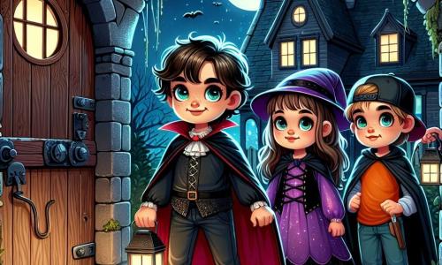 En una vieja casa encantada, tres niños se mantienen valientemente frente a una puerta chirriante. Lucas, un niño de 10 años con cabello rizado y ojos brillantes, lleva un disfraz de vampiro negro con una capa roja y mira la puerta con determinación. A su derecha, Sofía, una niña de 9 años con cabello largo y castaño, vestida de bruja morada, sostiene una pequeña linterna que ilumina su rostro curioso. A la izquierda, Mateo, un niño de 10 años con una gorra al revés y una camiseta naranja, muestra una expresión de duda, con las manos en los bolsillos. La escena transcurre en una casa antigua, con paredes de piedra cubiertas de hiedra, ventanas rotas y telarañas colgando de las esquinas. Una luna llena ilumina el cielo nocturno, proyectando sombras misteriosas sobre el suelo de madera crujiente. Los niños se preparan para entrar en la casa, con sus corazones latiendo de emoción y miedo, mientras un soplo de viento hace temblar las hojas a su alrededor.