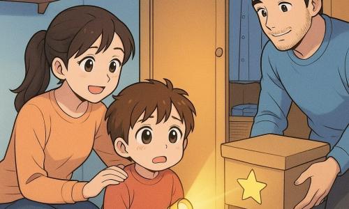 A 4-year-old boy with a round face and tousled brown hair, eyes wide and worried-but-relieved, holds a small yellow flashlight pointing into a half-open wardrobe; his smiling mother (about 30), hair in a ponytail, crouches to his left with a protective hand on his shoulder, while his father (about 32), short black hair and light beard, stands to the right moving a shoebox to clear the closet floor. The small cozy child’s room has pale blue walls, a cream rug, a moon nightlight casting a soft orange glow, scattered plush toys and a shelf of colorful books; the wardrobe shows blue shirts and a sock basket, and a large yellow star sticker inside sparkles under the flashlight. The scene uses warm light contrasted with closet shadow, soft rounded features, pastel colors, and expressions conveying comfort and budding courage.