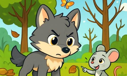 Ein kleiner Wolf mit leuchtenden Augen und weichem Fell, namens Max, steht am Rand eines schmalen Baches, entschlossen und neugierig. Er beobachtet aufmerksam das schwach fließende Wasser, seine spitzen Ohren aufgerichtet, bereit zu handeln, um seinen Lebensraum zu retten. Neben ihm zeigt eine kleine graue Maus, Mia, mit einem ermutigenden Lächeln und funkelnden Augen, auf eine verwelkte Blume am Boden und äußert ihre Besorgnis. Sie steht auf einem Stein, ihre Vorderpfoten selbstbewusst aufgesetzt. Im Hintergrund zeigt die Landschaft einen weiten Wald mit majestätischen Bäumen, von denen einige kahl sind und die Blumen selten sind, während der Himmel hellblau ist, aber einige bedrohliche Wolken hat. Die Szene zeigt Max und Mia, die ernsthaft über die Veränderungen in ihrer Umgebung diskutieren, umgeben von fallenden Blättern und einigen Insekten, was ihr Engagement für den Schutz ihres bedrohten Waldes symbolisiert.
