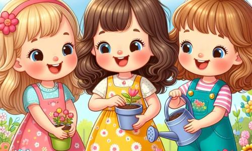 Três meninas alegres, Sofia, Luna e Mia, estão no centro da imagem. Sofia, de 8 anos, tem cabelos longos e castanhos e usa um vestido amarelo com estampas de flores. Ela segura um pequeno vaso de terra nas mãos. À sua direita, Luna, também de 8 anos, tem cabelos loiros cacheados e usa uma blusa rosa. Ela está despejando terra em outro vaso. À esquerda, Mia, de 7 anos, tem cabelos castanhos e usa um macacão azul. Ela sorri segurando um regador cheio de água. O cenário é um jardim florido, com flores coloridas como tulipas vermelhas, margaridas brancas e girassóis amarelos. O céu é azul com algumas nuvens brancas e o sol brilha, iluminando a cena. As meninas estão plantando sementes de flores em vasos, cercadas de terra e ferramentas de jardinagem, rindo e se incentivando, criando uma atmosfera de alegria e camaradagem.