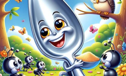 A shiny metal spoon named Sammy, with a big smile and sparkling eyes, stands in the center of the image, scooping up bread crumbs for little ants. The cute little ants, with black bodies and wiggly antennae, dance around Sammy, expressing joy and excitement while carrying tiny bits of food. The setting is a sunny garden filled with colorful flowers and lush green leaves, under a clear blue sky dotted with fluffy white clouds. In the background, a wise old owl perched on a tree branch observes the scene with a benevolent look, its round golden eyes shining with intelligence. The main situation shows Sammy sharing crumbs with the ants, illustrating the importance of friendship and cooperation in a colorful and joyful world.