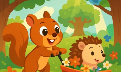 A little squirrel named Simon, with brown fur and a bushy tail, smiles joyfully while pushing a small red cart. His eyes shine with excitement as he helps his friend. Next to him, a little hedgehog named Holly, with a back covered in brown spikes and a happy expression, looks around curiously. She sits in her cart, surrounded by colorful flowers. The scene takes place in a sunny forest, with tall green trees and sunlight filtering through the leaves. Brightly colored wildflowers dot the ground, and birds sing in the branches. Simon and Holly are discovering the majestic oak tree in the distance, their faces beaming with joy and friendship, ready for a new adventure together.