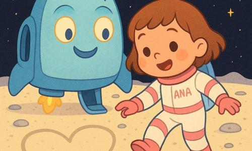 Ana, uma menina astronauta sorridente de cabelo castanho curto, em traje espacial branco e rosa, apoia um pé na superfície da Lua tocando suavemente o solo; atrás dela está o vaisseau Estrela personificado, casco brilhante azul-céu com olhos-farol sorridentes, porta aberta e um pequeno respiro de faíscas douradas no motor; não há outros humanos; o solo lunar é uma extensão pó-creme com pequenos crateras redondas e seixos prateados, o céu é negro com estrelas e a Terra azul no horizonte; cena principal: Ana e Estrela desenham juntos grandes corações na poeira lunar com gestos suaves e traços arredondados, atmosfera calma e alegre em cores pastel com contrastes nítidos; estilo gráfico: traços simples, contornos suaves, expressões exageradas mas ternas, textura levemente granulada na poeira e luz suave vindo da Terra e dos faróis do navio.