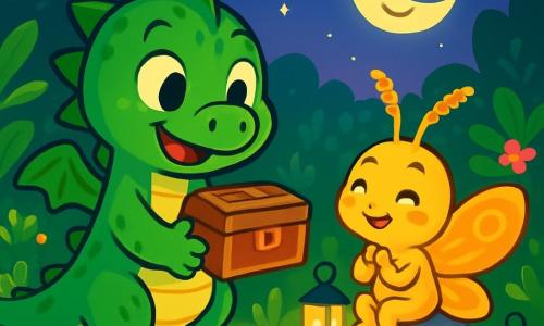 Nori, a small dragon with shiny green scales, is cheerful and determined. She holds a lovely wooden game box in her paws, her eyes sparkling with excitement. Next to her, Luma, a gentle moth with golden wings, smiles with gratitude, her antennae quivering with enthusiasm. She sits on a stone, surrounded by twinkling lanterns that light up the garden. The scene is set in an enchanted garden filled with lush green plants, colorful flowers, and lanterns dancing in the soft twilight. The main focus shows Nori offering her game to Luma under a starry sky, with a smiling moon watching over their friendship.