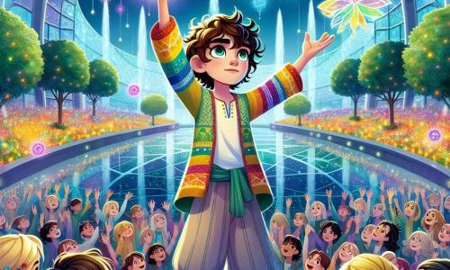 Aladdin, a young man with curly black hair, wears loose pants and a colorful tunic, displaying a determined and hopeful expression. He stands at the center of the scene, raising his arms to the sky as if calling for unity and the voice of every citizen. Beside him, Jasmine, a girl with long brown hair and sparkling eyes, dressed in a green and gold dress, smiles encouragingly while holding a glowing rose. A little further away, Genie, a vibrant magical being, floats in the air surrounded by sparkling glitter, ready to support his friends. The scene takes place in the grand Crystal Plaza, a bright space with glass walls reflecting the colors of the sky, featuring lush gardens and dancing fountains. Holograms float around, adding a touch of modern magic to the environment. The main situation shows Aladdin addressing an enthusiastic crowd gathered for the first time, where every voice matters. Faces are lit up with hope and excitement, while flowers and colorful lights enhance the vibrant atmosphere of this historic moment.