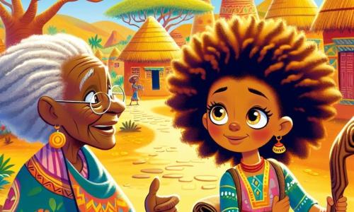 Aminata, o fetiță africană de zece ani, cu părul creț și ochii strălucind de determinare, stă în centrul imaginii, purtând o rochie colorată din țesătură tradițională. Are o expresie de curaj și entuziasm în timp ce privește spre orizont, pregătită pentru aventură. Lângă ea, Nia, înțeleapta satului, o femeie în vârstă cu părul gri și un zâmbet cald, ține un băț din lemn sculptat, spunându-i povești vechi și arătându-i o direcție. Fundalul este un sat african vibrant, cu case din lut și acoperișuri de stuf, înconjurat de baobabi măreți și un cer albastru strălucitor. La depărtare, coline aurii se conturează sub soarele strălucitor. Situația principală o arată pe Aminata ascultând-o cu atenție pe Nia, pregătită să pornească în căutarea Floarei Fermecate, cu o hartă înfășurată în mână și o mică poșetă la picioare, simbolizând călătoria ei spre necunoscut.