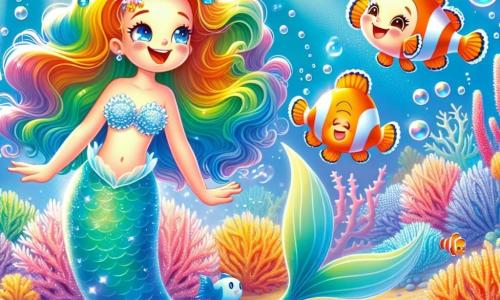 Uma sereia chamada Marina, com cabelos longos e ondulados de um azul brilhante, nada alegremente em uma clareira subaquática. Seu rosto irradia curiosidade e admiração enquanto toca delicadamente um anel de coral colorido que emite uma suave melodia. Ao seu lado, um peixe-palhaço chamado Bolha, com listras laranja e brancas, faz piruetas na água, exibindo um grande sorriso. O local é uma linda clareira subaquática, cercada por corais multicoloridos e iluminada por raios de luz que filtram pela superfície da água, criando um espetáculo de cores vibrantes. Pequenas criaturas marinhas, como estrelas do mar e caranguejos, se escondem atrás dos corais, adicionando vida a essa cena mágica. A situação principal mostra Marina e Bolha dançando e se divertindo ao ritmo da música dos anéis de coral, celebrando sua amizade e a beleza de seu mundo subaquático.