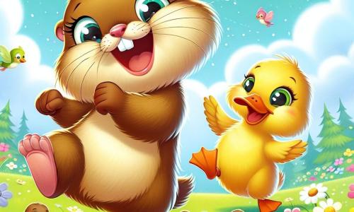Uma marmota chamada Mimi, com pelagem marrom suave e olhos brilhantes de curiosidade, dança alegremente em um campo verdejante, com suas pequenas patas levantadas no ar. Ela exibe um grande sorriso, cheia de energia e entusiasmo. Ao lado dela, um pato chamado Quico, com plumagem amarela brilhante e bico laranja, se contorce rindo, tentando acompanhar o ritmo de Mimi. Ele está um pouco atrás, com as asas abertas, pronto para entrar em uma dança divertida. Ao fundo, um céu azul claro está salpicado de nuvens fofas, enquanto flores coloridas e borboletas voam ao redor, adicionando um toque de magia à cena. A situação principal mostra Mimi e Quico dançando juntos, cercados de risos e alegria, enquanto tentam fazer pequenas minhocas saírem da terra com sua dança engraçada e animada.