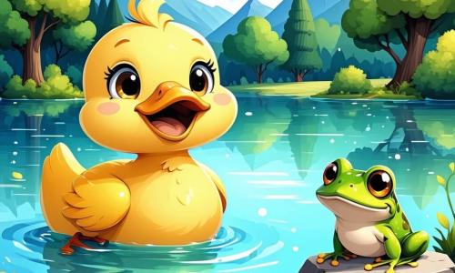 Um pato chamado Quico, com penas amarelas brilhantes e olhos cheios de curiosidade, nada alegremente em um lago de águas cristalinas, com um grande sorriso no rosto. Ao seu lado, uma pequena rã verde chamada Rita, com olhos brilhantes e uma expressão preocupada, salta sobre uma pedra à beira da água, olhando para Quico com esperança. Ao fundo, árvores majestosas com folhas coloridas e flores vibrantes cercam o lago, criando uma atmosfera mágica. A cena principal mostra Quico e Rita prontos para uma aventura em busca das cores perdidas da floresta mágica, com uma luz suave filtrando através dos galhos, iluminando seu caminho.