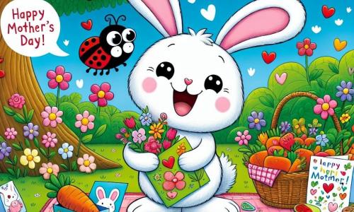 An illustration depicts a small white rabbit with large floppy ears and sparkling joyful eyes, holding colorful handmade cards. It has a big smile on its face, overflowing with excitement and love. Next to it, a little red ladybug with black spots, its shiny wings open, flies joyfully, showing an expression of wonder as it admires the rabbit. The scene takes place in a sunny garden filled with colorful flowers and lush greenery. A large shady tree stands in the center, with a picnic blanket spread on the grass, adorned with delicious fruits and vegetables. The main situation shows the little rabbit preparing a surprise for its mom by setting up a special picnic for Mother's Day, surrounded by lovingly made cards. Other graphic elements include decorated cards with hearts and fun drawings scattered around the rabbit, as well as a basket filled with crunchy carrots and juicy berries on the blanket. The sky is blue with a few white clouds, adding a touch of sweetness to this joyful scene.