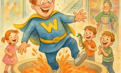 Captain Wobble, joyful and clumsy with a smiling face and mask slipping on his nose, a blue-and-yellow cape askew and shiny white sneakers, stands off-balance in a large round fountain splashing orange water with three rubber ducks like a crown on his head; a laughing little girl (about 6) in pigtails and a pink polka-dot dress points from the left edge, two twin boys (about 8) on the right—one holding a green gummy snake, the other clapping—look mischievous, Mrs. Lollipop (about 50) in a striped apron watches amused from behind a candy-shop window, a female security officer (about 30) laughs holding a radio by the stairs, all in a bright mall atrium with shiny marble floors, a beige stone central fountain, balloons and garlands overhead, depicted in a soft but vivid watercolor style with light contours, visible paper texture, and joyful, surprised expressions.